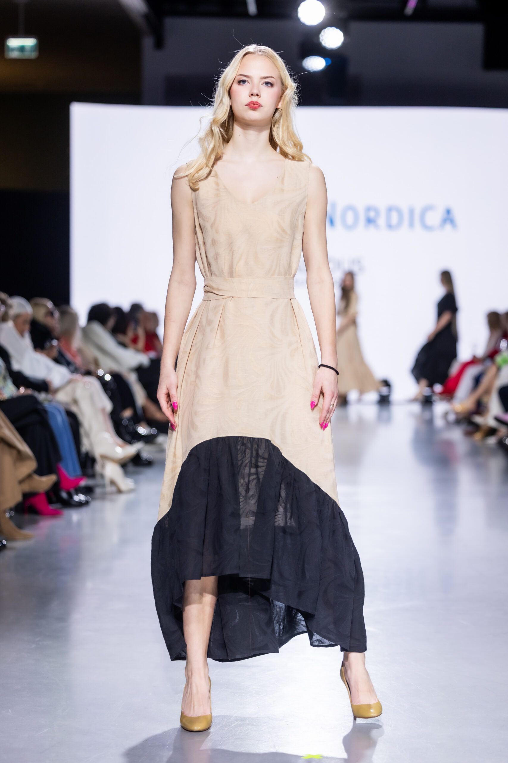 beige and black linen viscose long dress VISCOSA