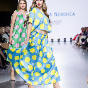 blue yellow satin midi skirt with cropped top with big dot print