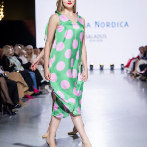 pink green satin midi slip summerdress with big dots