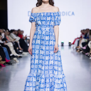 blue stump print linen long dress