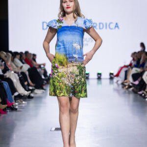 cotton digi print dress with swan beach panel design