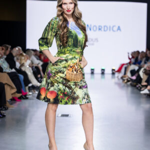 cotton digi panel print A-line dress with mushroom forest