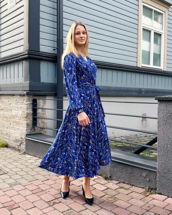 chain print royal blue wrap dress