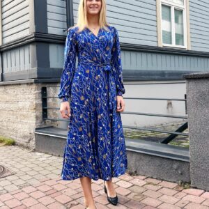 chain print royal blue wrap dress