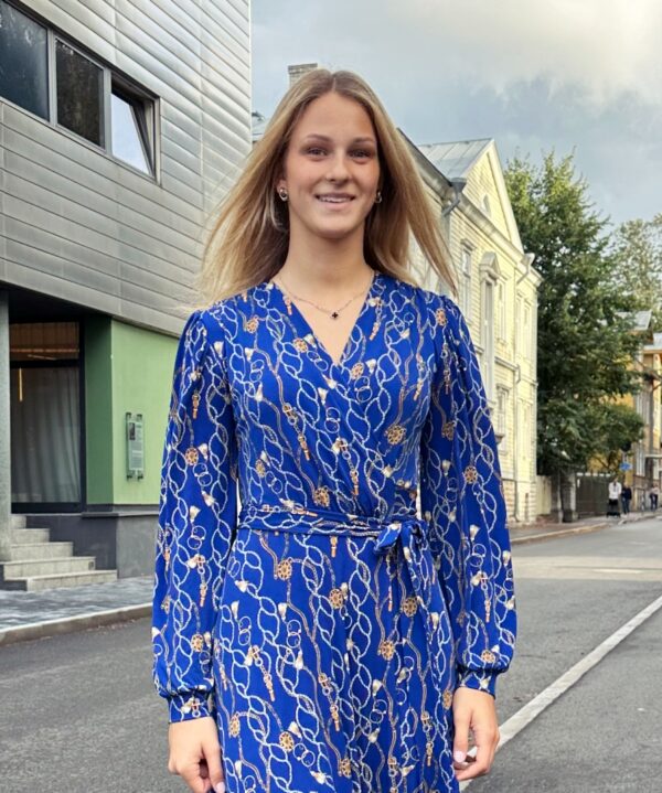chain print royal blue wrap dress