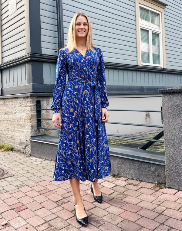 chain print royal blue wrap dress