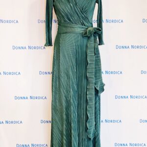 green pleated wrap dress maxi