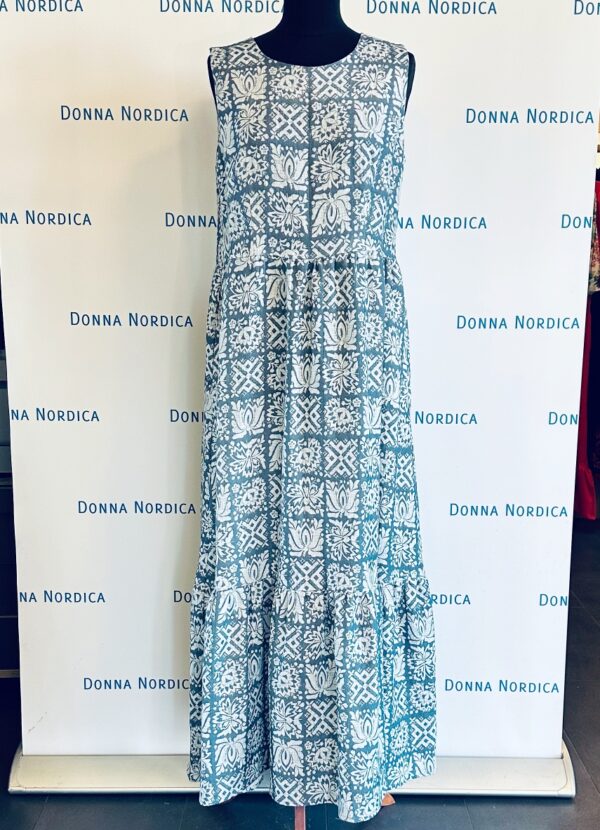 linen maxi dress decor print indigo grey