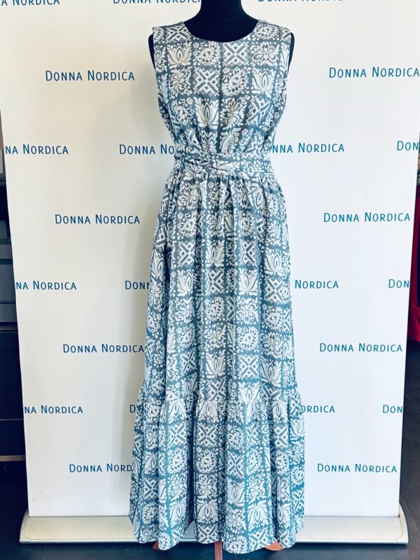 linen maxi dress decor print indigo grey