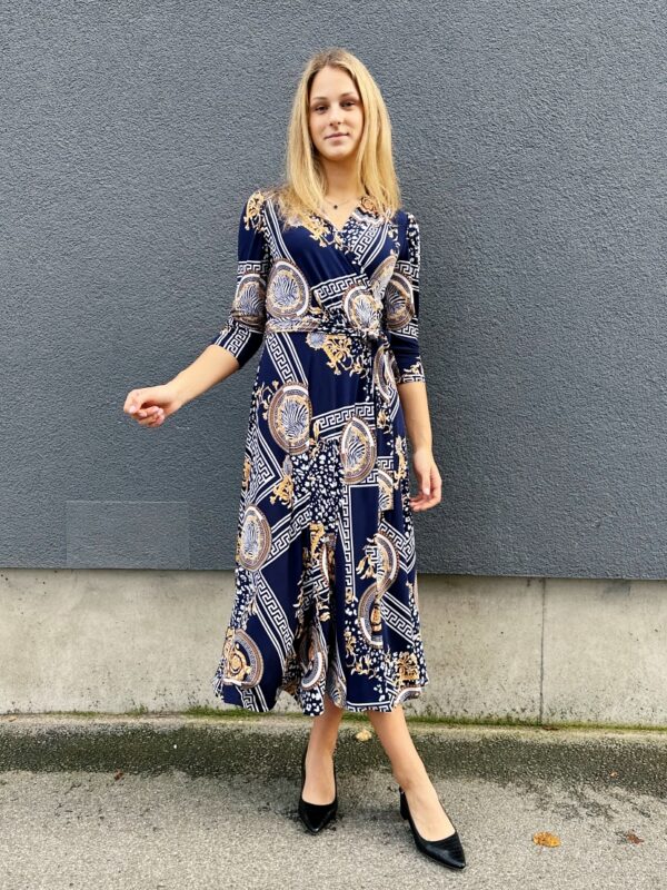 scarf print long dark blue wrap dress