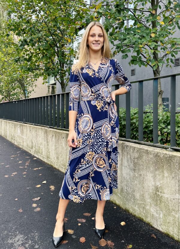scarf print long dark blue wrap dress