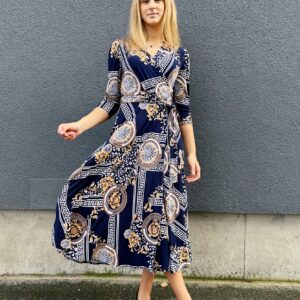 scarf print long dark blue wrap dress