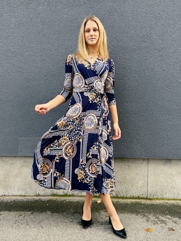 scarf print long dark blue wrap dress
