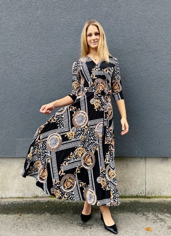 scarf print black wrap maxi dress