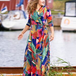 colourful abstract print maxi wrap dress
