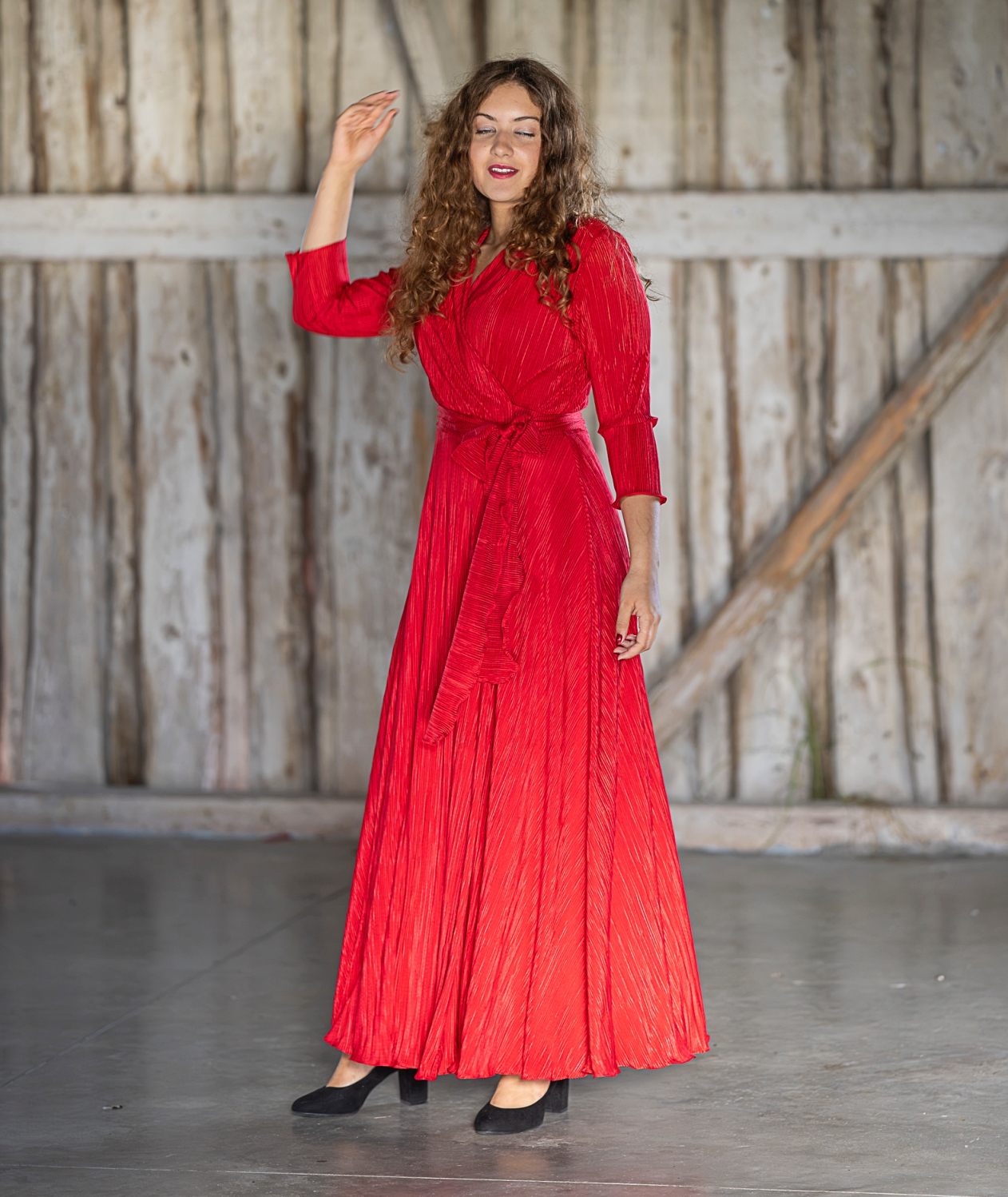 red plissee maxi wrap dress