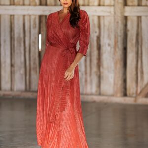 coral red plissee maxi wrap dress