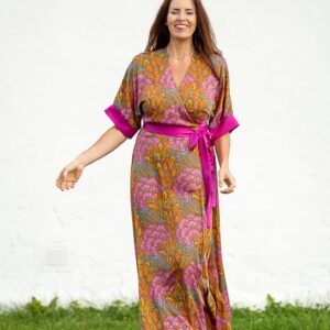 coral colour satin long kimono dress