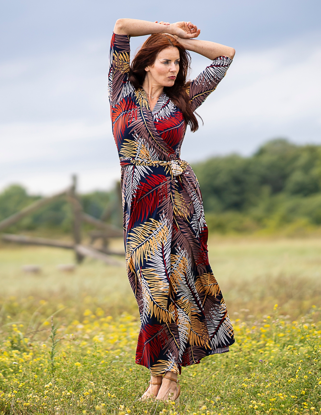 colourful palm leave print maxi wrap dress