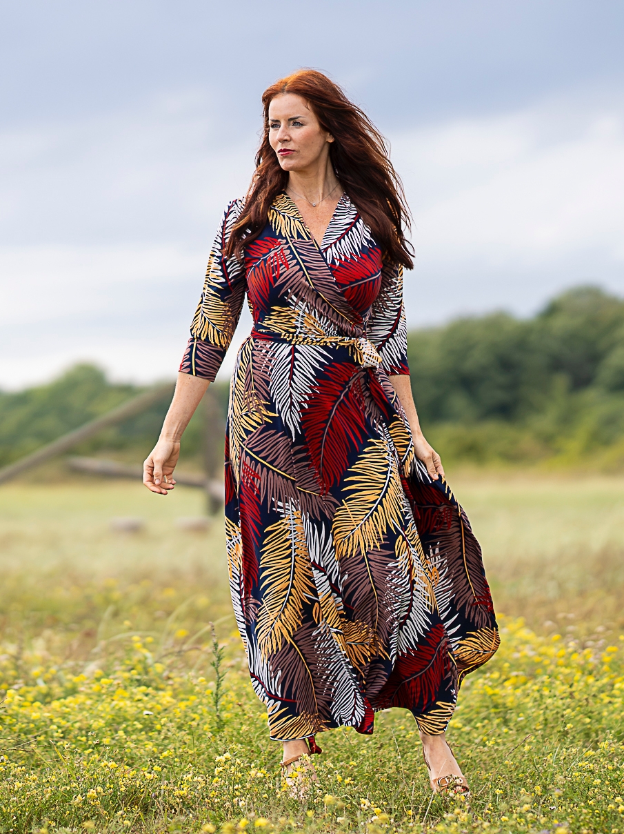 colourful palm leave print maxi wrap dress