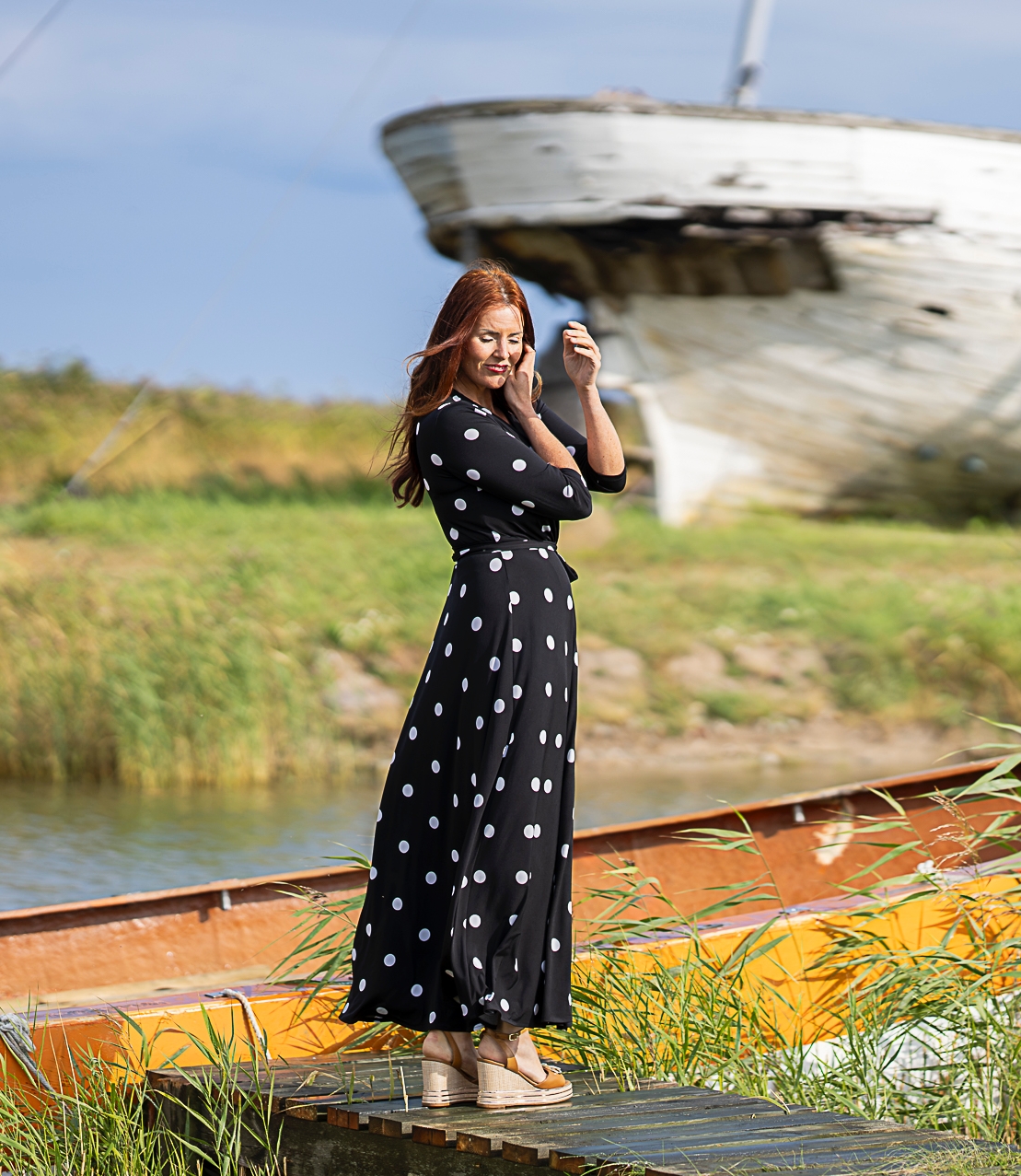 polka dot black maxi wrap dress