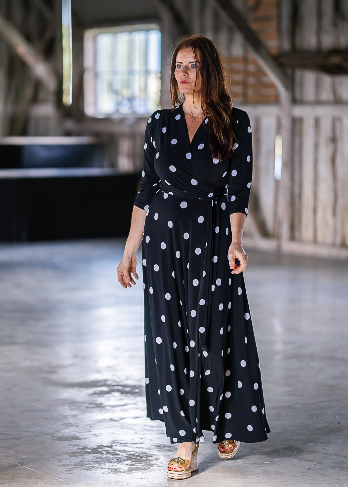 polka dot black maxi wrap dress
