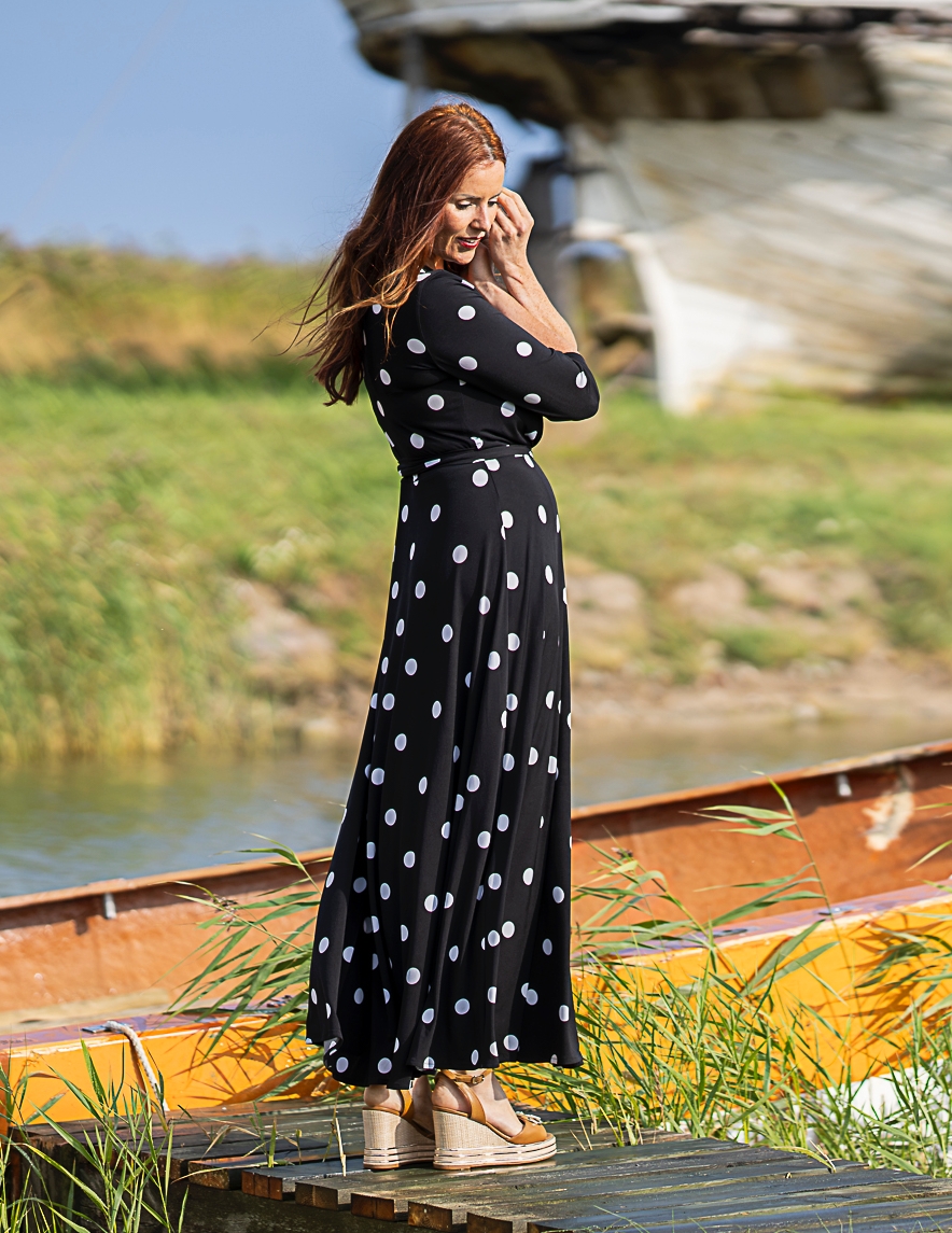 polka dot black maxi wrap dress