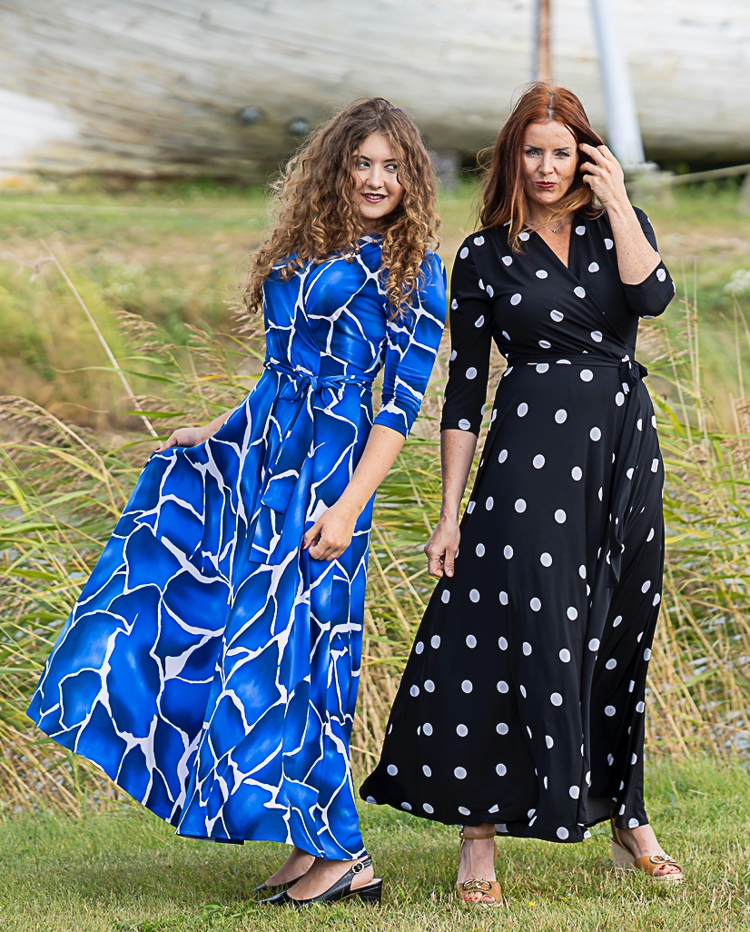 blue white decor print maxi wrap dress