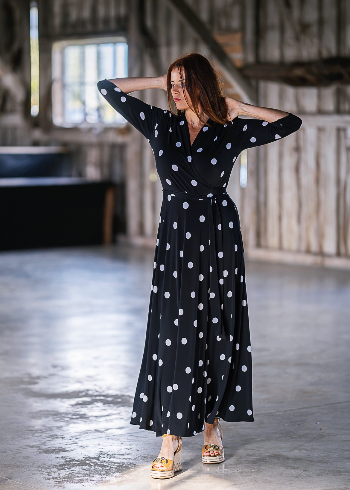 polka dot black maxi wrap dress