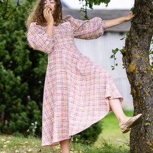tweed boucle pink midi dress with pearl trim