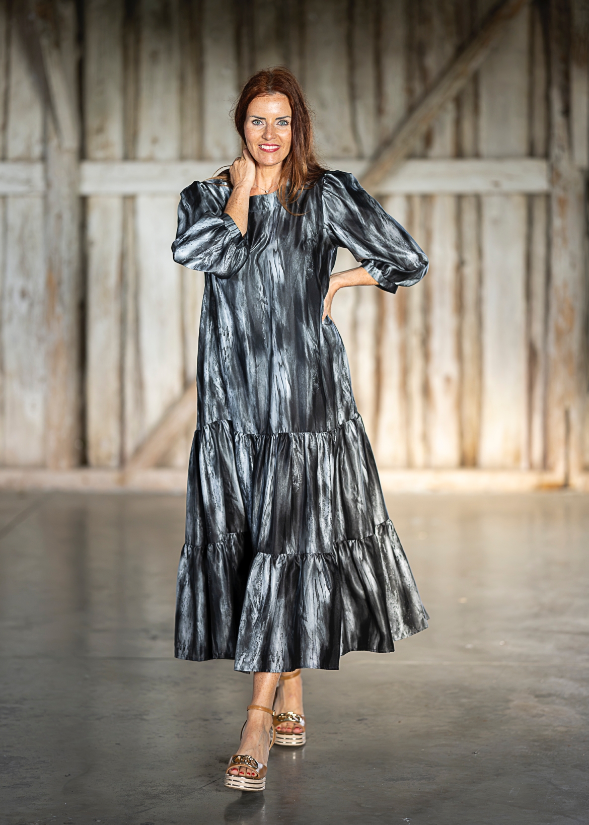 black grey natural silk maxi dress