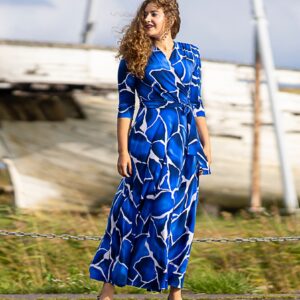 blue white decor print maxi wrap dress