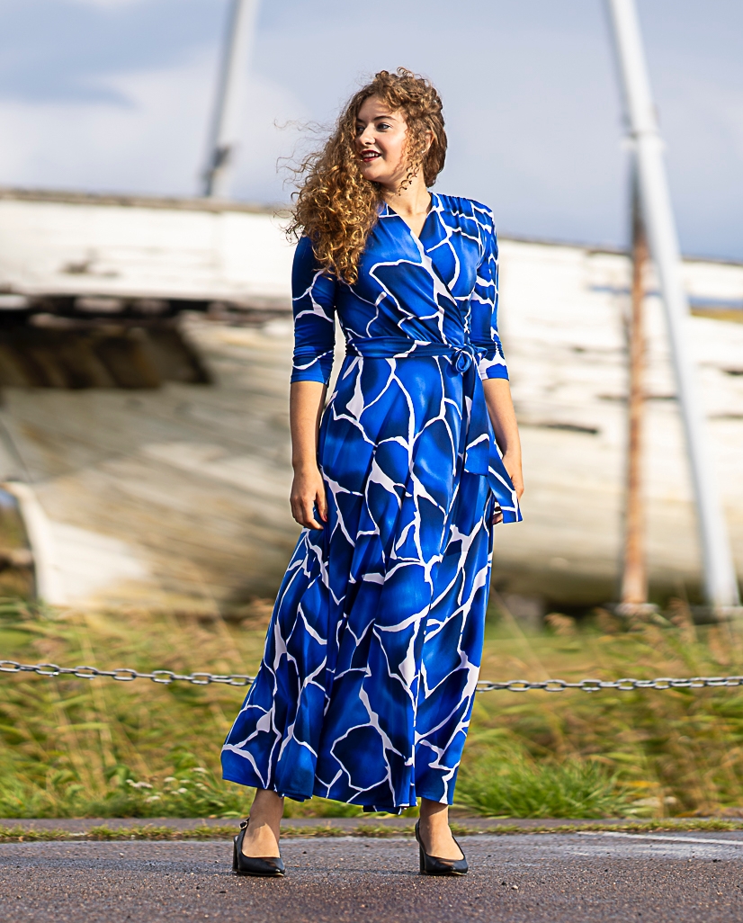 blue white decor print maxi wrap dress