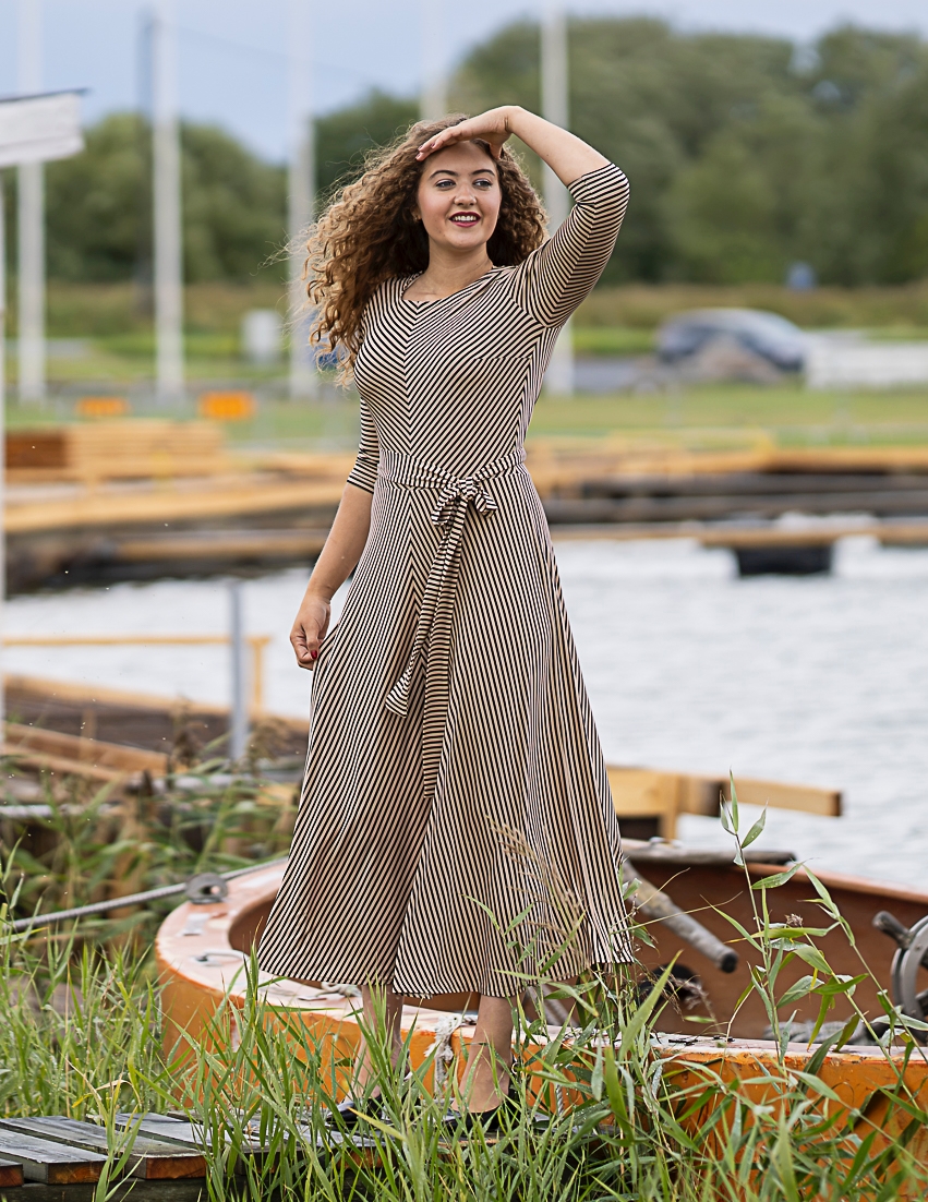 beige black stripe elegant long dress