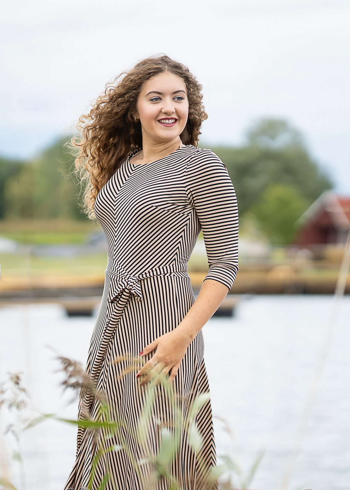 beige black stripe elegant long dress