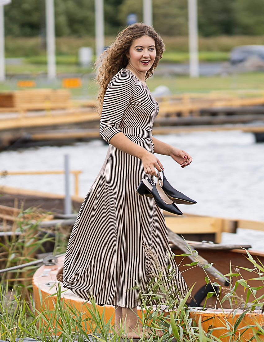 beige black stripe elegant long dress