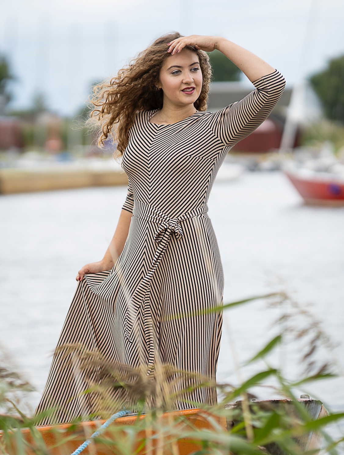beige black stripe elegant long dress