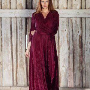 bordeaux color plissee maxi wrap dress