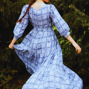 blue stump print linen maxi dress