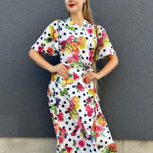exotic fruit print midi wrap dress