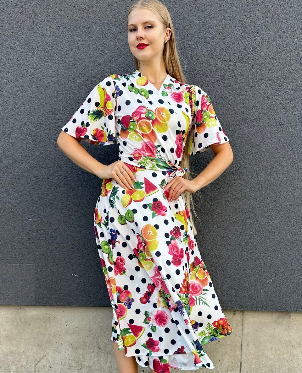 exotic fruit print midi wrap dress