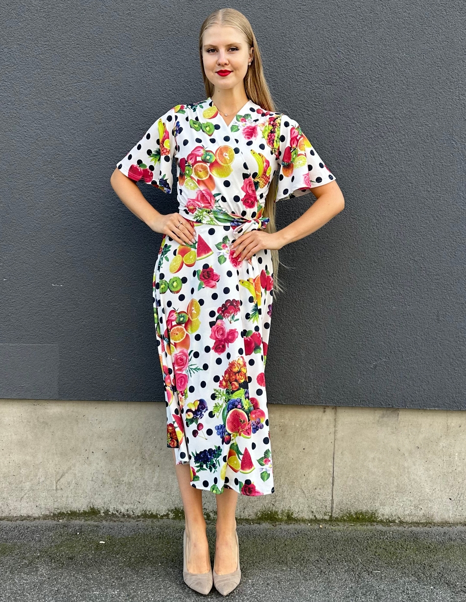 exotic fruit print midi wrap dress