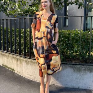 yellow brown vottan spandex midi dress