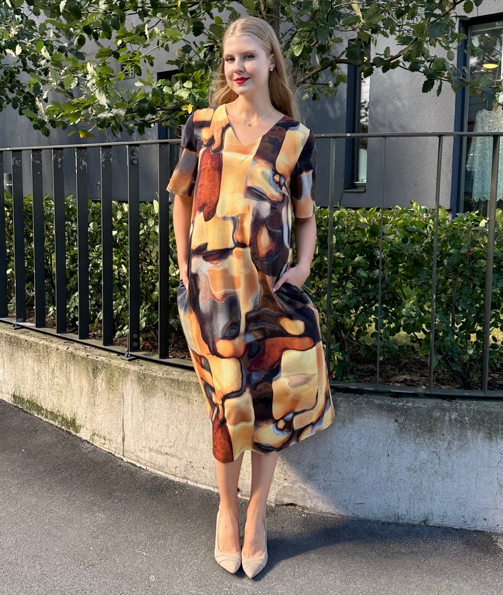 yellow brown vottan spandex midi dress