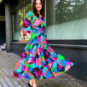 vivid print abstract theme viscose long dress