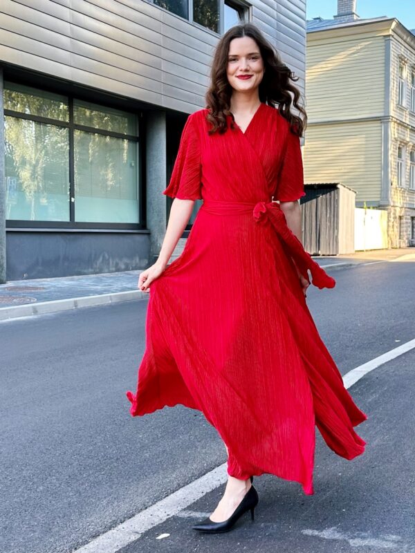 bright red plissee maxi dress
