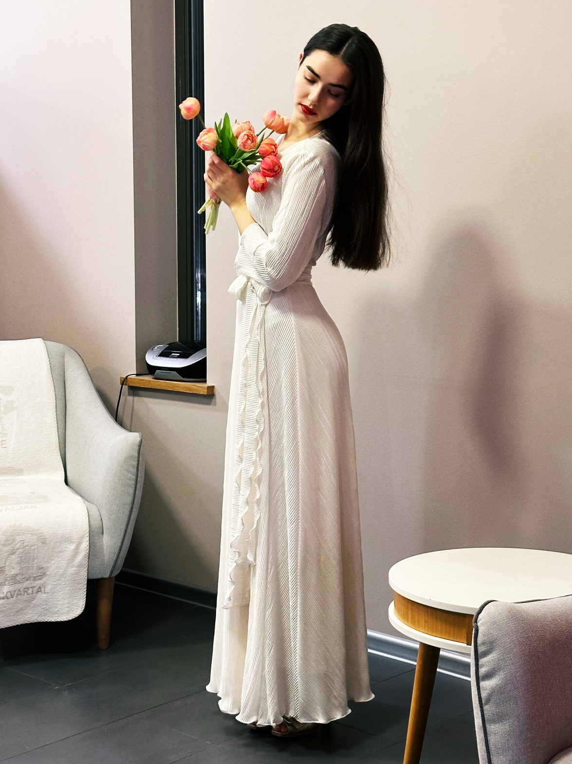 white plissee wrap dress