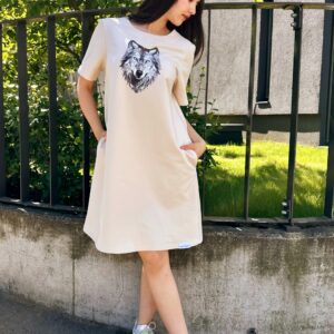 wolf print cream dress