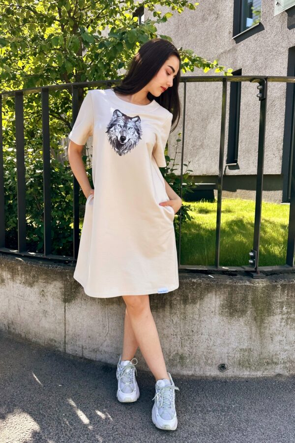 wolf print cream dress