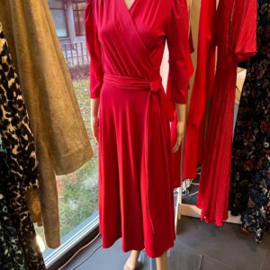 red wrap dress midi
